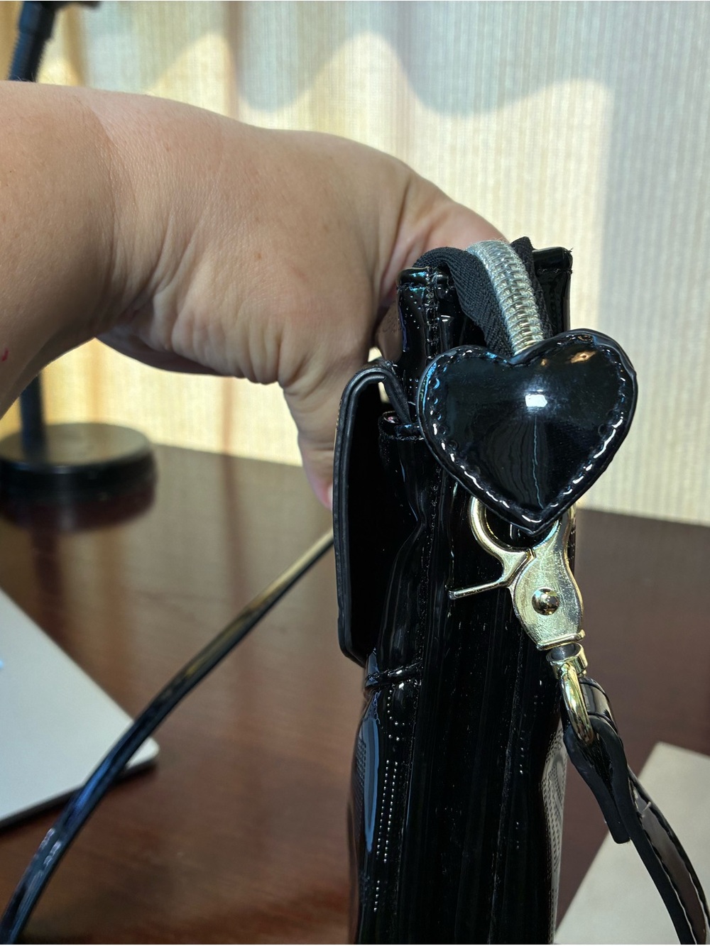 Betsey Johnson Black Patent Logo Envelope Clutch with Gold Plaque - Picture 4 of 11